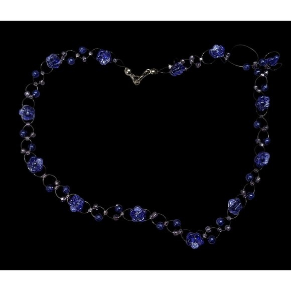 90s Style Blue Beaded Floral Necklace - Picture 1 of 7
